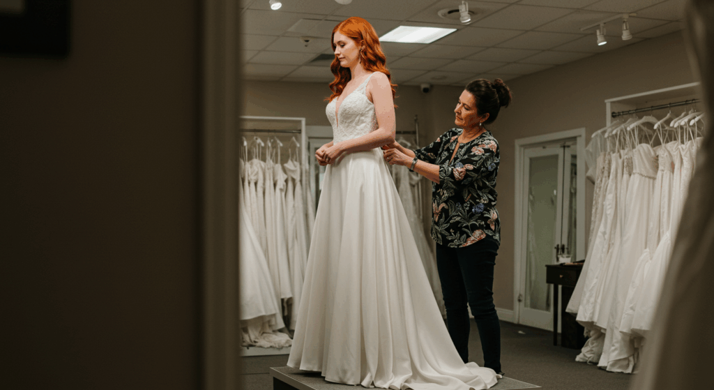 Bride during wedding dress fitting session in bridal shop.