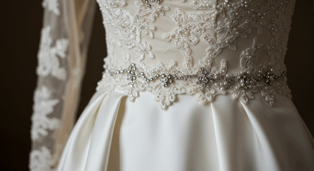 Close-up detail of top wedding dress fabrics including satin, lace, and silk.
