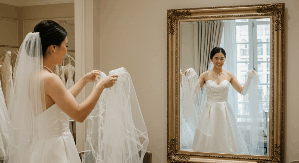 Bride comparing veils during a wedding dress fitting to choose the perfect match.
