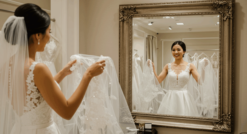 Bride trying on the perfect wedding veil that matches her dress style