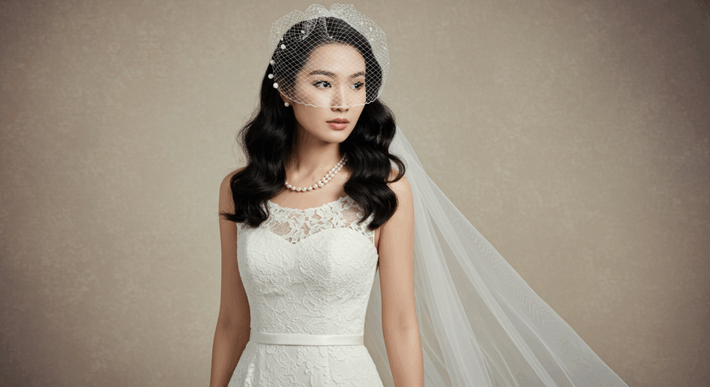 Bride in vintage-inspired wedding dress with lace and retro accessories.