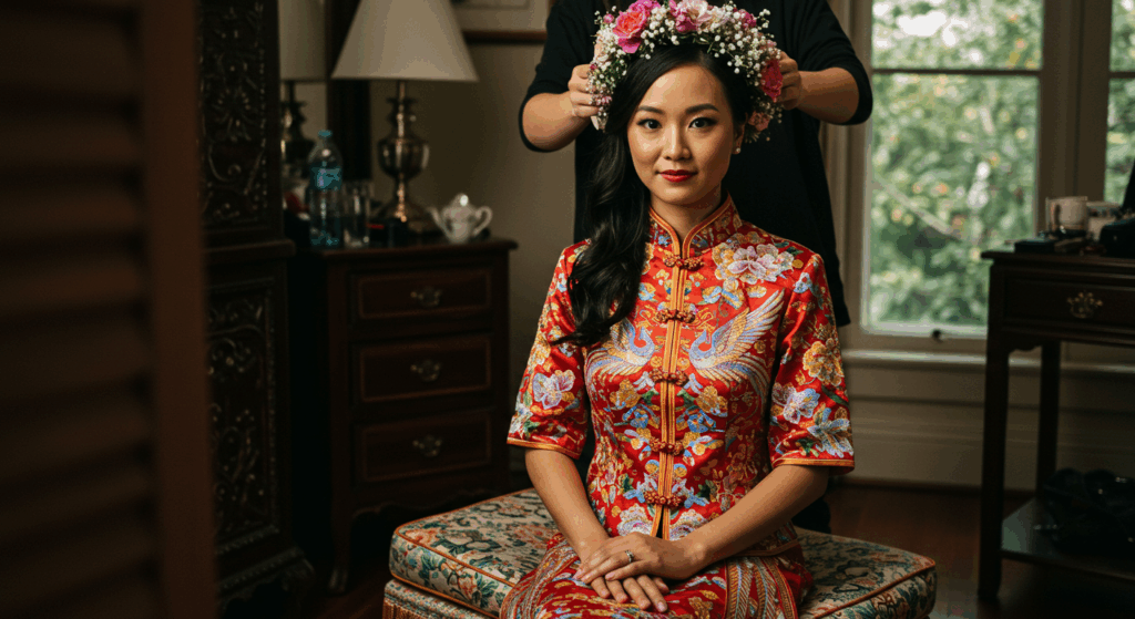 Bride trying on floral bridal hair accessories before her wedding ceremony.