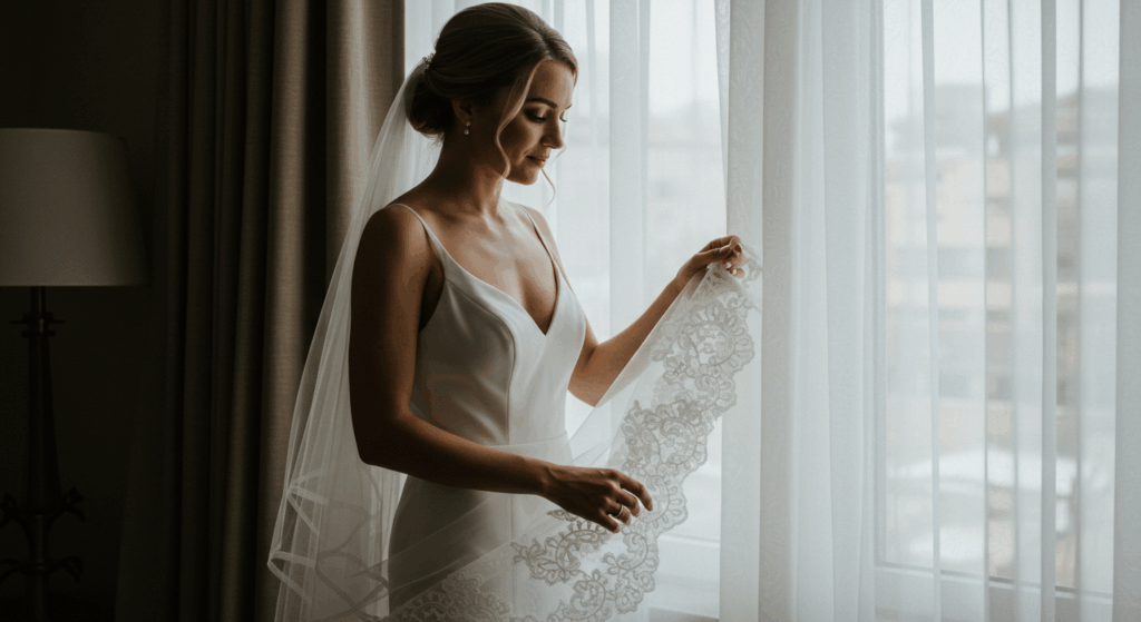 Bride deciding between wearing a veil or not on her wedding day.