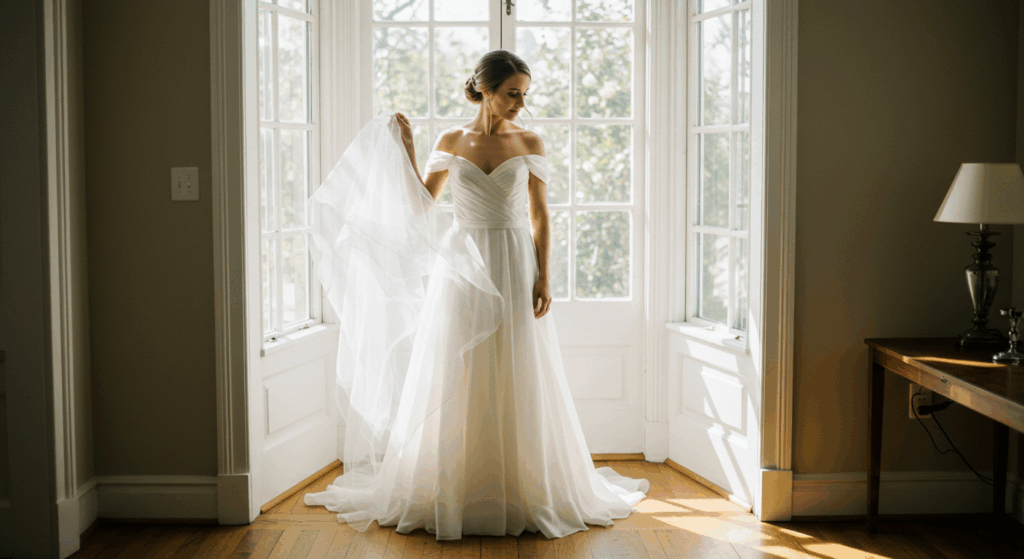Bride in a wedding dress with an elegant neckline holding a veil, deciding between veil or no veil for her wedding day.