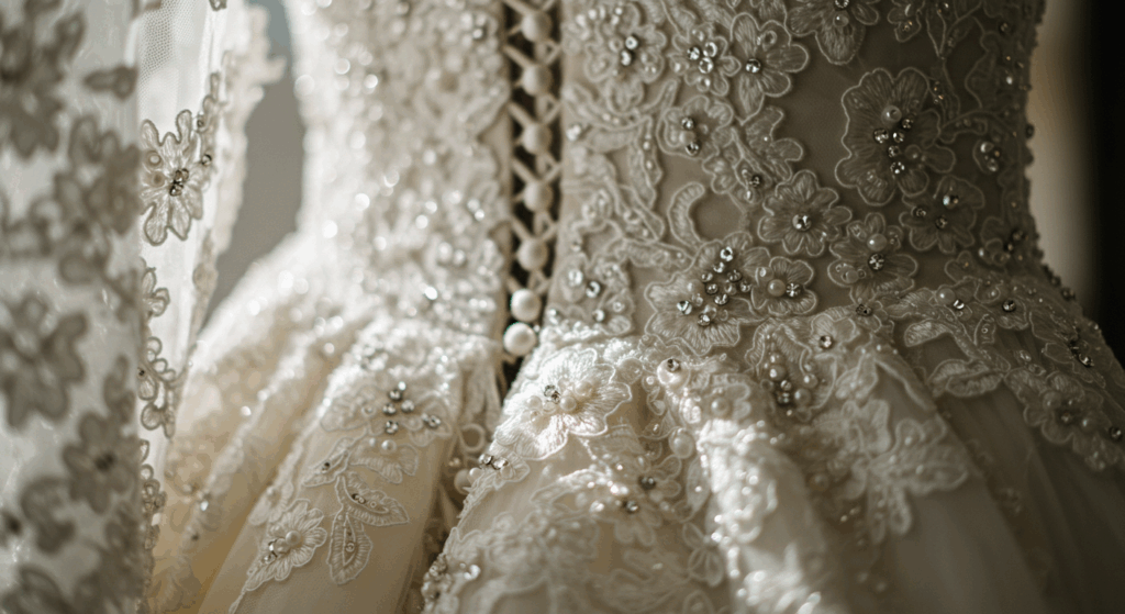 Close-up of wedding dress details including lace, beading, floral appliqués, and embroidery textures.